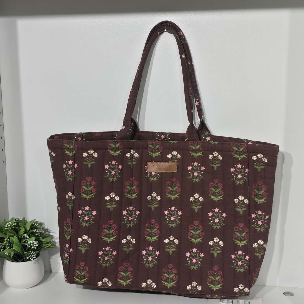 Laura Ashley Brown Pink Floral Quilted Tote Bag Cottagecore Shabby Chic